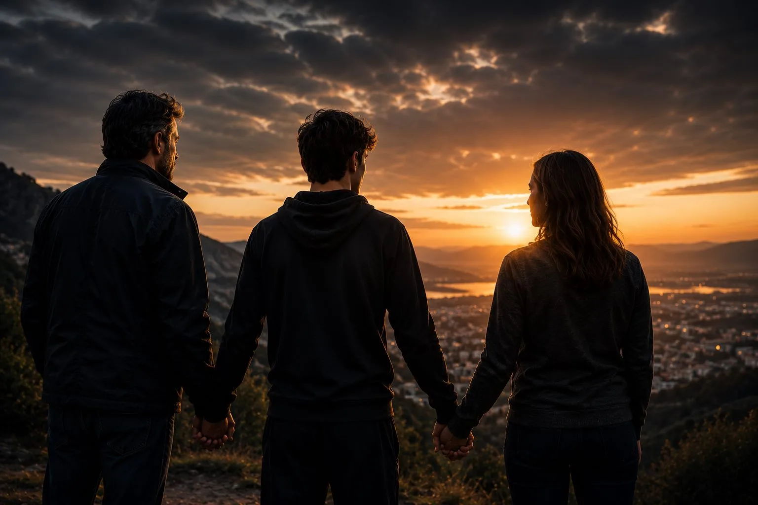 Un ragazzo tra i genitori, mano nella mano, davanti a un tramonto