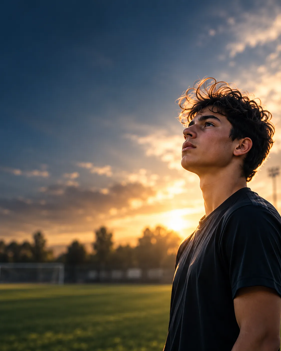 Giovane atleta in campo al tramonto, sguardo verso il cielo
